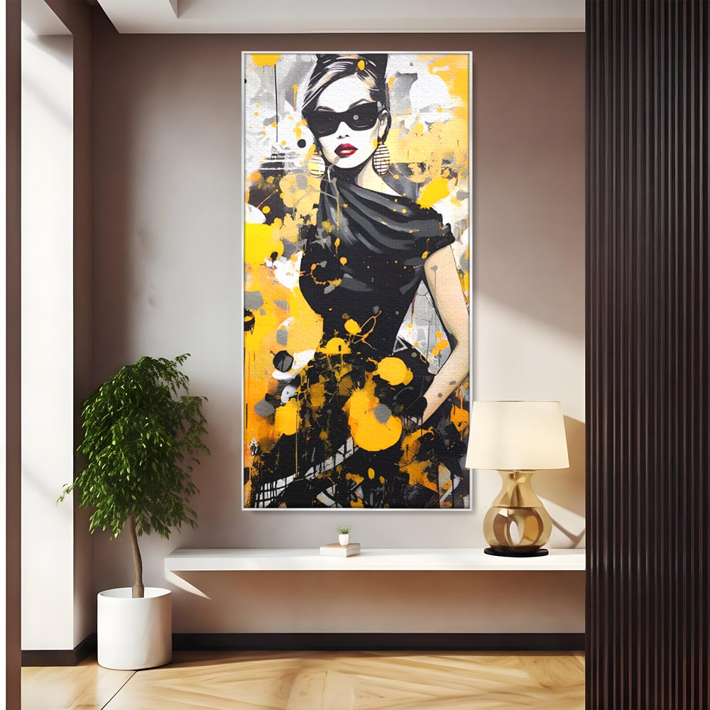Tablou canvas cu tablou canvas portret femeie eleganta ochelari, in rama de aluminiu argintiu